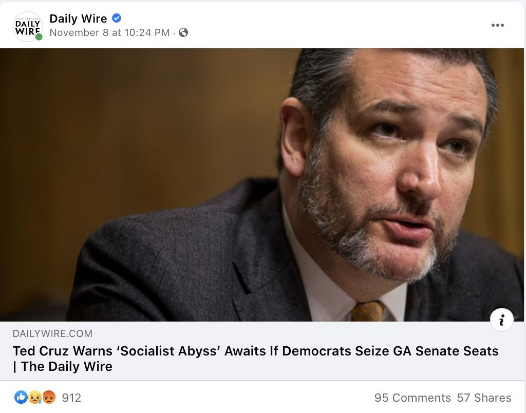 Meanwhile, here are just a small sample of  @Facebook-verified "news" posts about the  #GASenate run-off races (that will determine who controls the U.S. Senate) that are spreading freely on the garbage platform right now. No question what their playbook is but tough to find ours