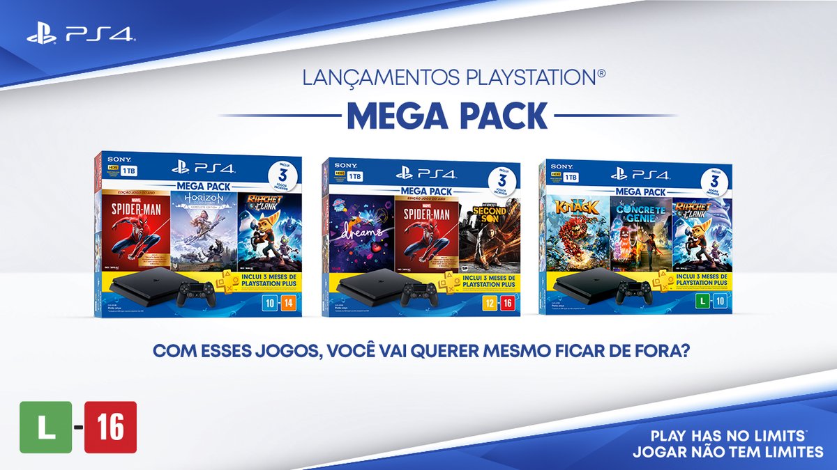 PlayStation_BR's tweet photo. Confira detalhes sobre os 3 novos Mega Packs PlayStation 4 que já estão disponíveis em varejistas selecionados: https://t.co/6mC0Bwp4Bd https://t.co/k6E29UJfTR