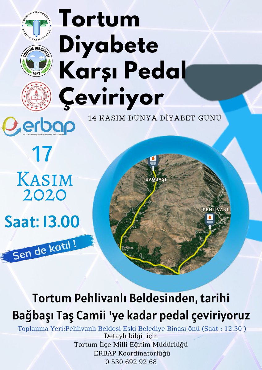 📣 Tortum Diyabete Karşı Pedal Çeviriyor.

📆 17 Kasım 2020
⏰ 13.00
🗺️ Tortum Pehlivanlı Beldesinden başlayıp tarihi Taş Camii    
     (Meryem Ana Kilisesi)'de son bulacaktır. 

📢 Etkinliğimiz herkese açıktır.
<a href="/ziyaselcuk/">Ziya Selçuk</a> @ErzurumValilik <a href="/skaygusuz/">Salih Kaygusuz</a> <a href="/DastanOkan/">Okan Daştan</a>