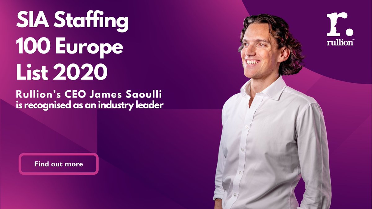 We're delighted to announce Rullion's CEO James Saoulli has been recognised for the fourth year running in the SIA Staffing 100 Europe list.

Read more here:bit.ly/38tNMur

 #recruitmentleaders #onerullion
