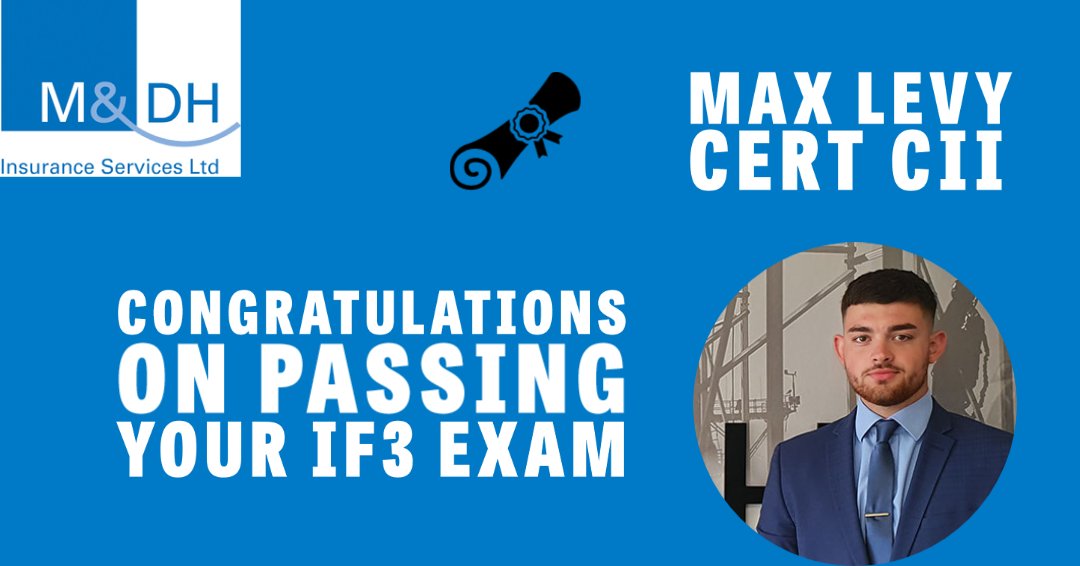 MDHInsurance's tweet photo. Congratulations to Max Levy for passing his IF3 exam at the first attempt and joining the ranks of Cert CII members at #TeamMDH! It's a fantastic effort that shows his hard work and commitment, and we are all delighted for him! #WellDoneMax https://t.co/MOeaqKfFgg
