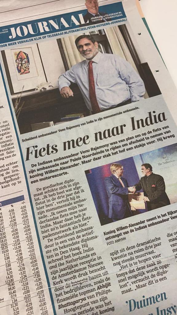 IndinNederlands's tweet photo. Ambassador @venurajamony’s Farewell call on HM King-Willem Alexander in Dutch daily De Telegraaf “Ambassador was planning to ride his bicycle to say goodbye to King Willem-Alexander, but he was given a motorcade”. https://t.co/c6fxsMoIJm