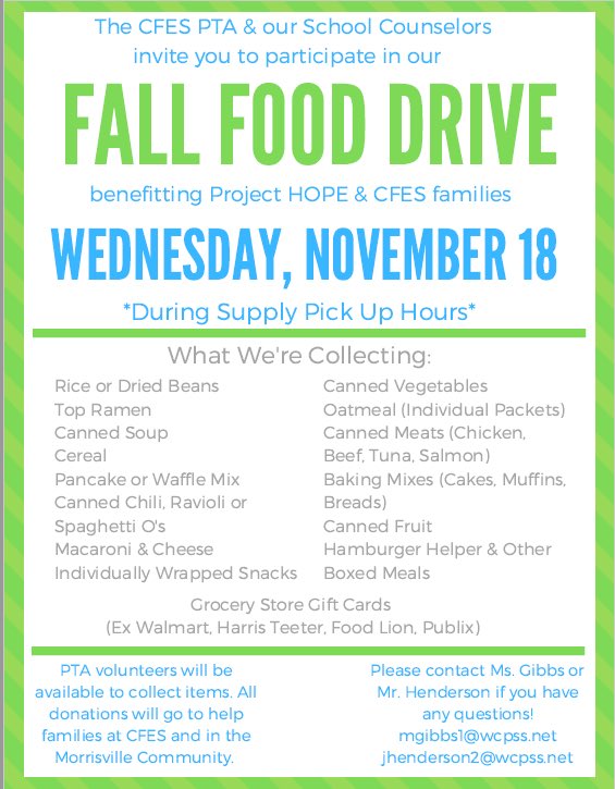 Fall Food Drive <a href="/CedarForkES/">Cedar Fork</a> now through November 18!