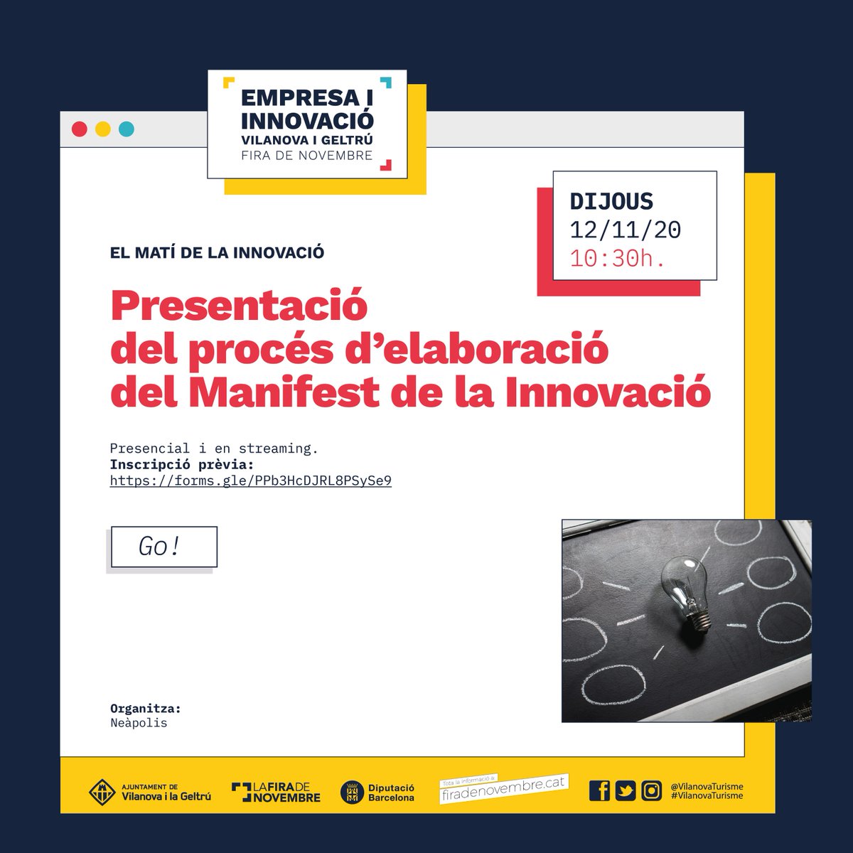 Dijous 12 a les 10.30h El matí de la innovació: Presentació del procés d’elaboració del Manifest de la Innovació. 
Organitza: <a href="/neapolisvng/">Neàpolis VNG</a> presencial i en streaming. 
Inscripció prèvia: forms.gle/PPb3HcDJRL8PSy…
#FiradeNovembre #FiraVNG