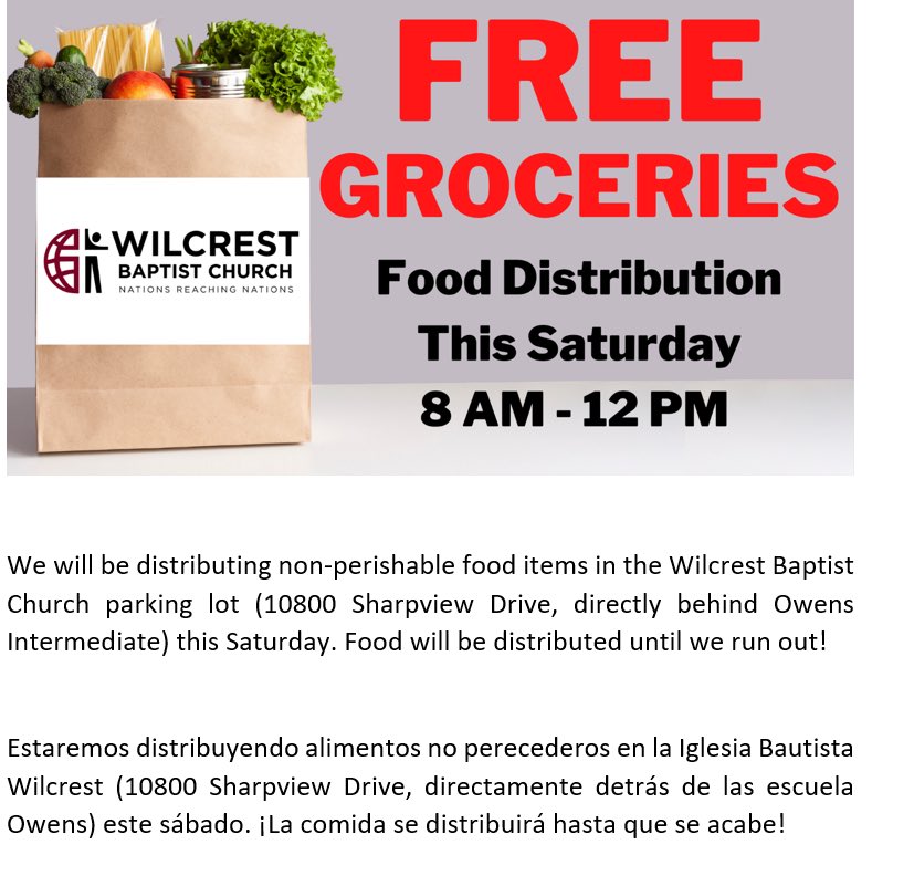 ElsikNGCRams's tweet photo. Families can take advantage of this community outreach! @wilcrestbaptist Baptist Church Nov 14th! #ENGCcares @cishouston #familia https://t.co/UeoSGSwsjL