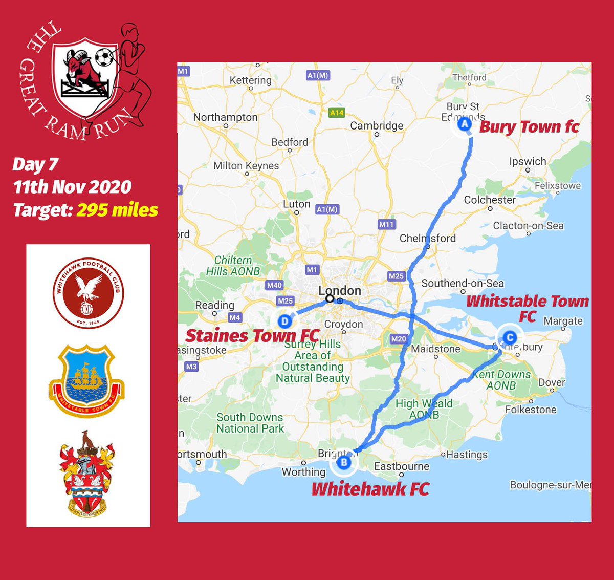 RamsgateFC's tweet photo. 🌟🌟🌟 2,000 miles ran! 🌟🌟🌟

A review of days  4-6 

Tomorrow we reach @HawksFCOfficial @whitstabletown and @StainesTownFC, charities will be confirmed in the morning. Any suggestions? 

https://t.co/MNHzHEISGV

Thank you all for your donations too! 

 https://t.co/bsPRFYpljW https://t.co/jeBRPhoPmT