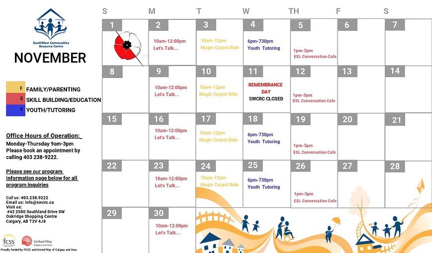 VibrantCalgary's tweet image. Join the @SWCRC_YYC for Bits and bytes, a free four-week computer class, on Wednesdays from November 18 to December 7 from 10:00 a.m.-12:00 p.m. For more information or to register call 403-238-9222 ext 225 or email Lissette.arevalo@swcrc.ca.  
.
.
#enoughforall #skillslearning