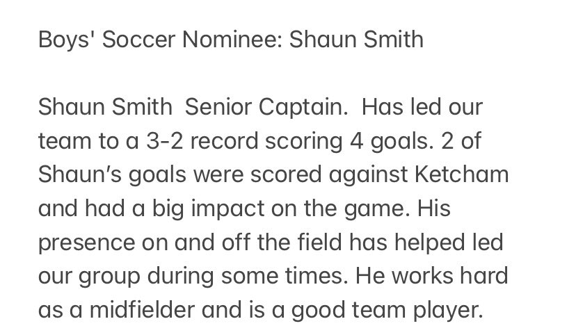 Boys' Soccer Nominee: Shaun Smith