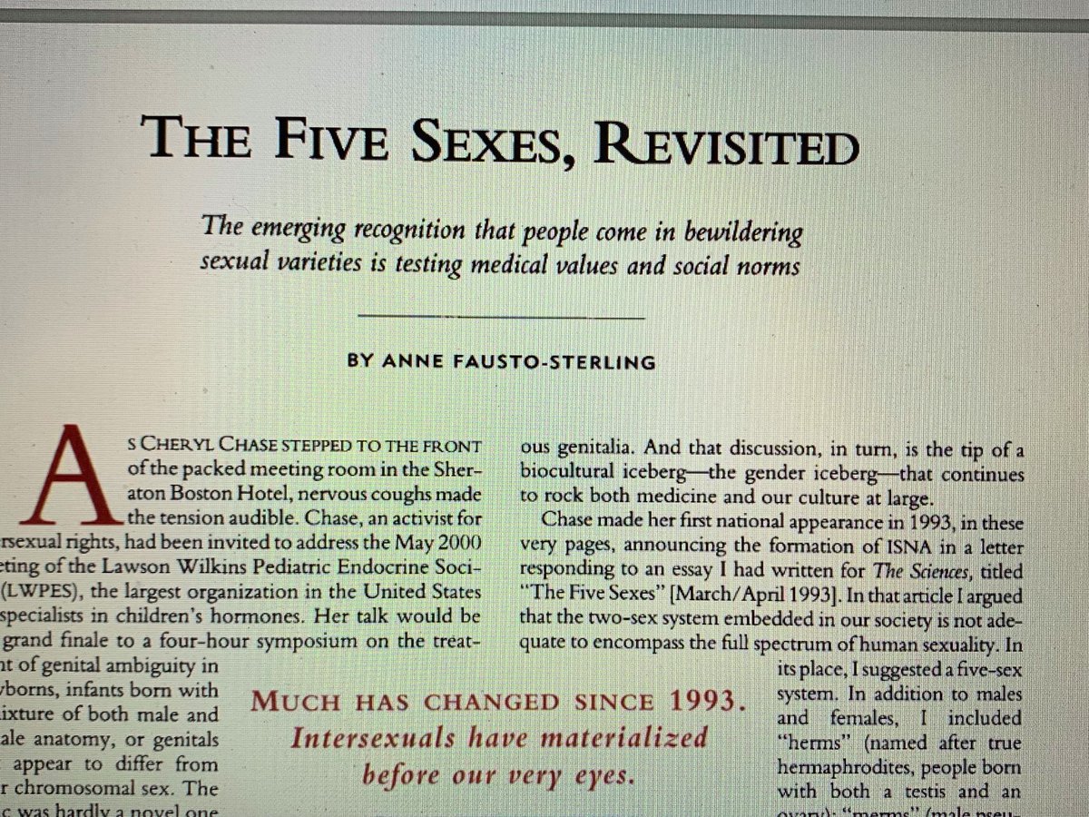 14./ Underlying the idea of a spectrum was Sterling's 1993 claim 4% of births are 'intersex'. The only problem is in July this year in 'Five Sexes Revisited' she claimed her original essay had been written "with tongue firmly in cheek". Er, really? Thanks for letting us know.