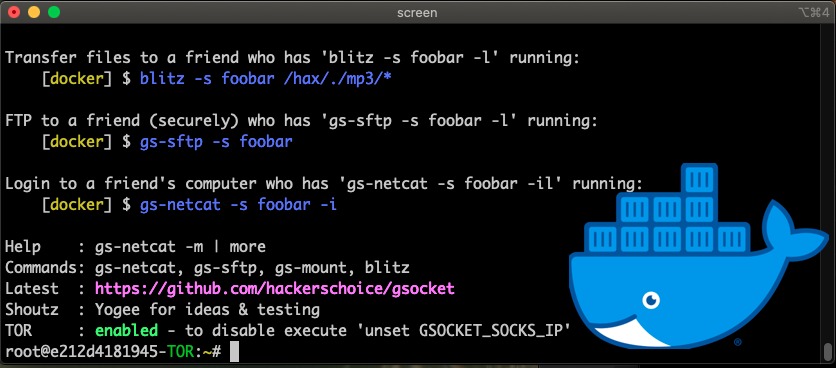 gsocket-TOR is on DOCKER: docker run --rm -it hackerschoice/gsocket-tor. Secure file transfer and backdoor access (via TOR) through Firewall/NATs. Encrypted. Secure. Private. #docker #hacking #privacy