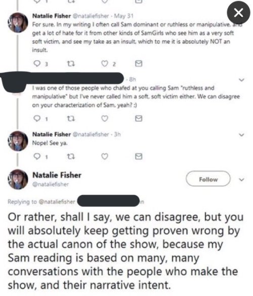 She wrote entire articles about what a shit character Sam is, how he's arrogant and manipulative and no one better challenge her on that because she was getting her info right from her writer friends. She made it clear she had access to scripts ahead of time.
