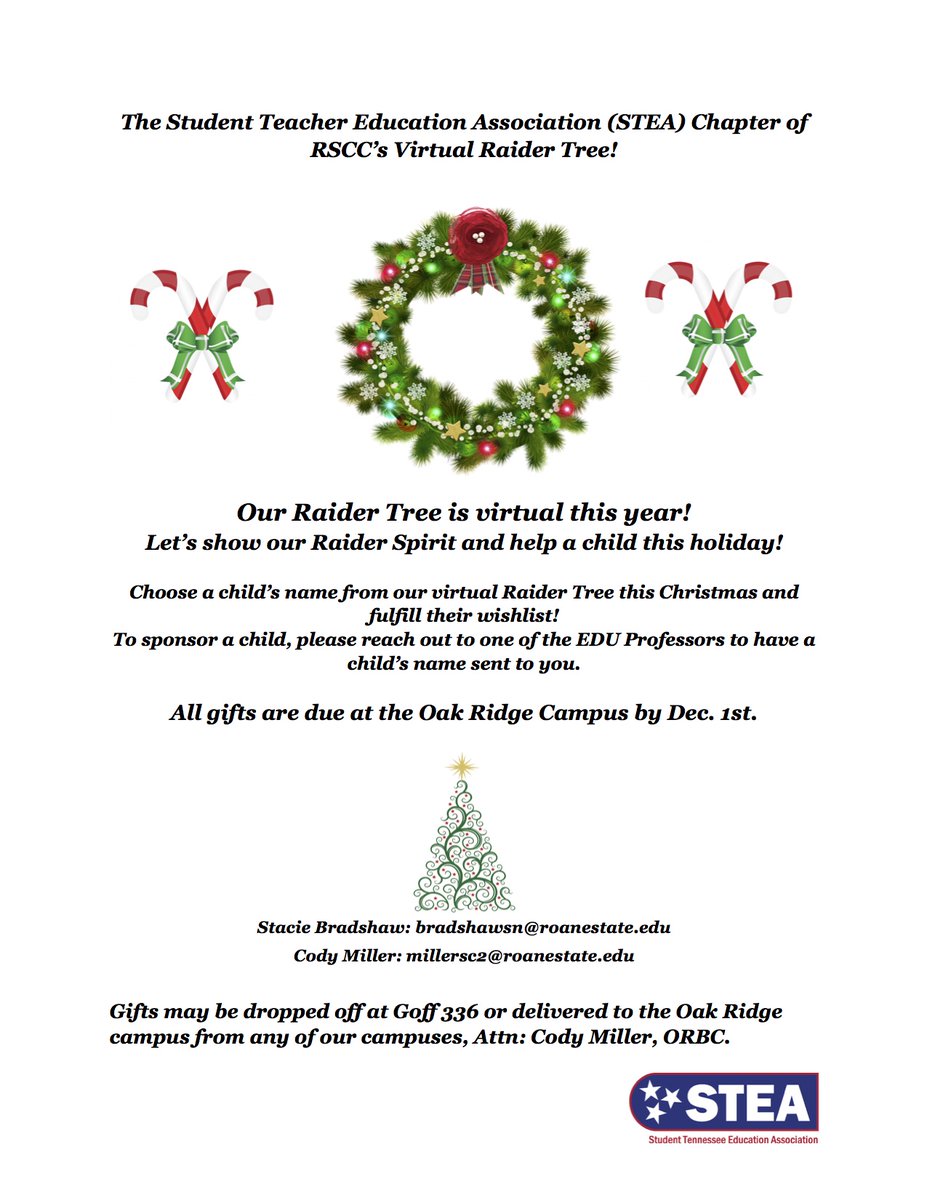 RoaneState_STEA's tweet photo. Help us fulfill the wish list of children this year by sponsoring a child on our (virtual) Raider Tree! Please see the attached flyer and  your Raidernet email for more information. #RSCCSTEA #futureteachersofrscc https://t.co/ZKgw1XmFvy