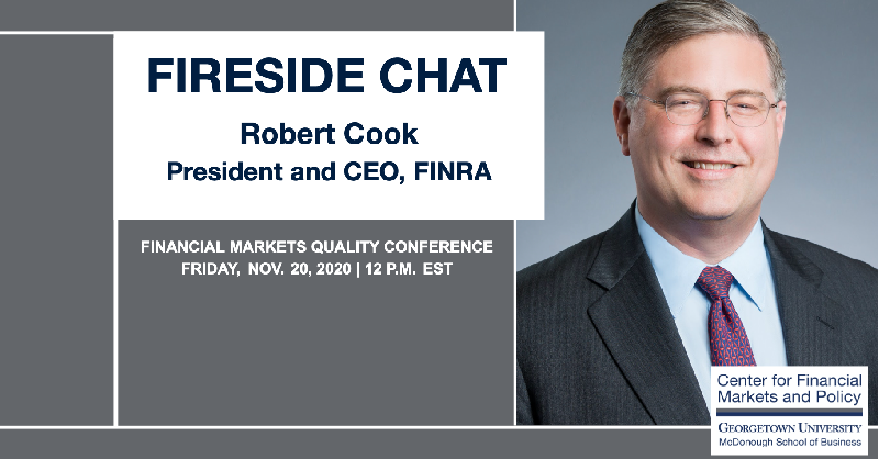 GUFinPolicy's tweet photo. Starting soon! Fireside chat featuring Robert Cook, president and chief executive officer @FINRA moderated by @GuyAdami @CNBCFastMoney
#FMQ2020 @msbgu #GUFinance https://t.co/lPcDij1Hw1