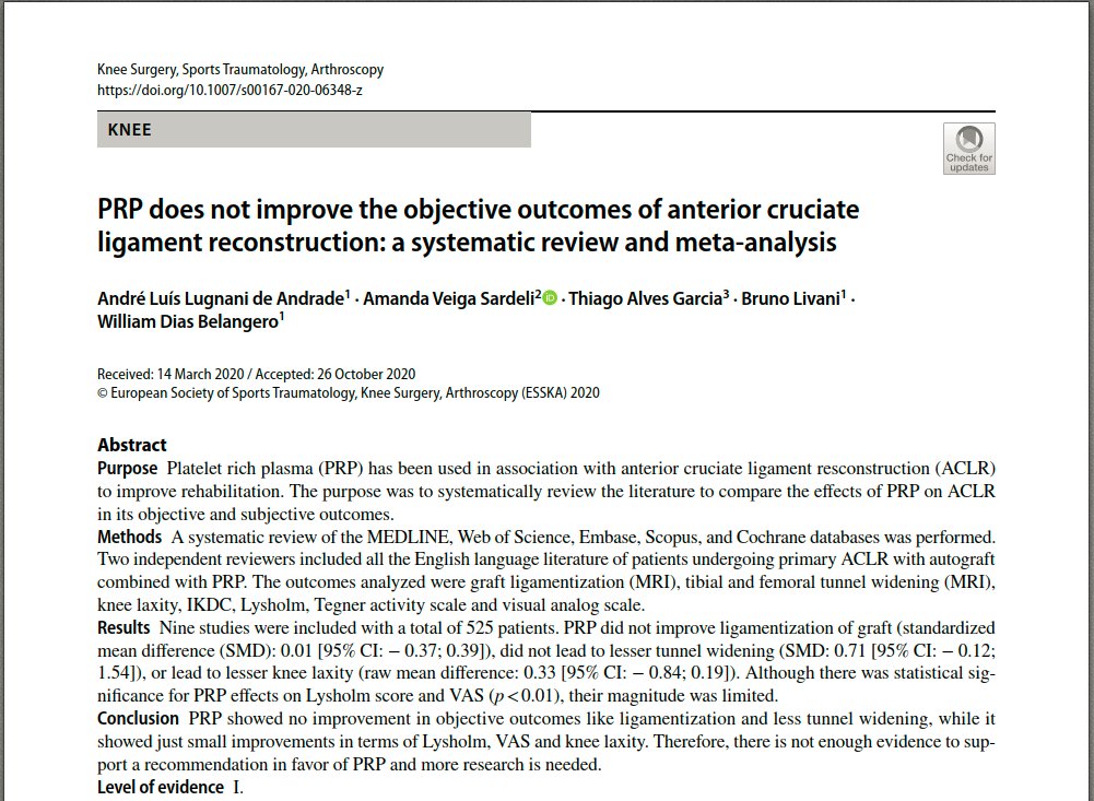 PhysioMeScience's tweet image. PRP does not improve the objective outcomes of anterior cruciate ligament reconstruction: a systematic review and meta-analysis 

pubmed.ncbi.nlm.nih.gov/33169180/