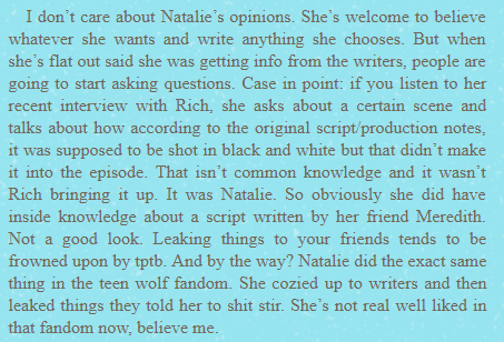 She wrote entire articles about what a shit character Sam is, how he's arrogant and manipulative and no one better challenge her on that because she was getting her info right from her writer friends. She made it clear she had access to scripts ahead of time.