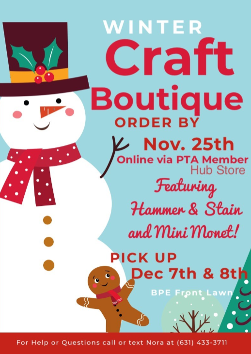 BPESchool's tweet photo. We know that the Holiday Boutique is one of the students' favorite events but due to current times, we are unable to hold it this year. BUT, the PTA has set up an option for students to pick out a winter craft to create as a holiday gift. Take a look! https://t.co/CEDBnb1vnC https://t.co/OqLv2L1phI