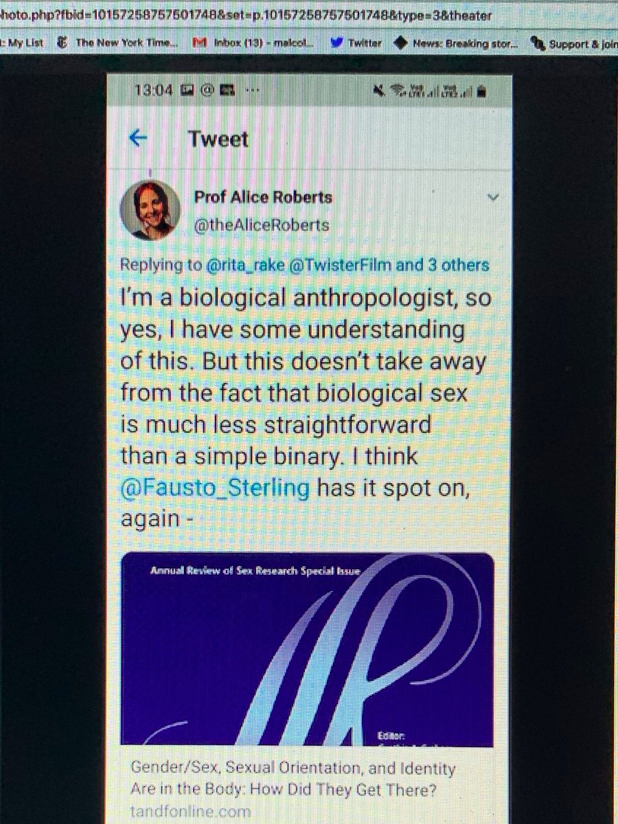 13./ The essay suggested there weren't 2 sexes but 5. When earlier this year Alice Roberts one of the BBC's (deservedly) most popular science presenters claimed there was a spectrum of sexes it was Fausto-Sterling's work she cited, much of which builds on that original essay.