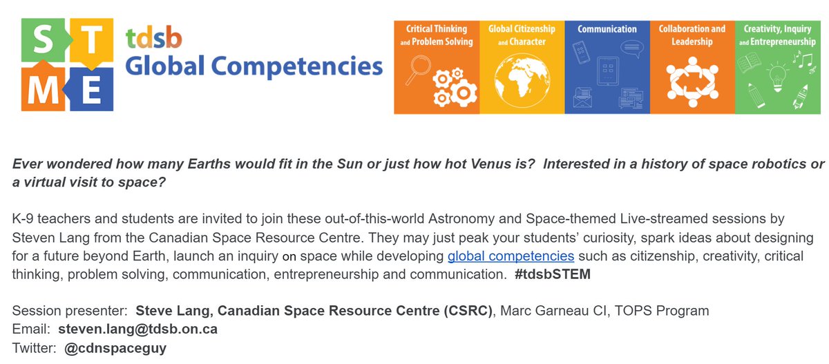 chezchan's tweet photo. Ever wondered how many Earths would fit in the Sun or just how hot Venus is? Interested in space robotics or a virtual visit to space? @tdsb Ts &amp; Ss can join these out-of-this-world sessions with @cdnspaceguy.  More info at https://t.co/DpjLHrMbo4. #globalcompetencies #tdsb_stem https://t.co/t3XmRsQQTR