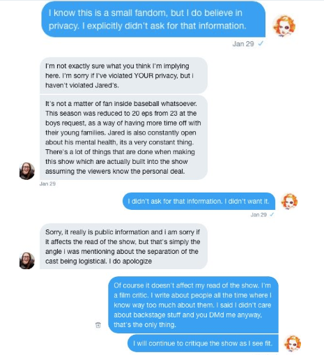 So in rides Natalie hoping to "manage" Sheila. Sheila wasn't having it and asked her to stop. Instead of heeding this, Natalie barged into Sheila's DMs and sent her wall after wall of text blaming Jared for the show's problems and trying to guilt her into shutting up.