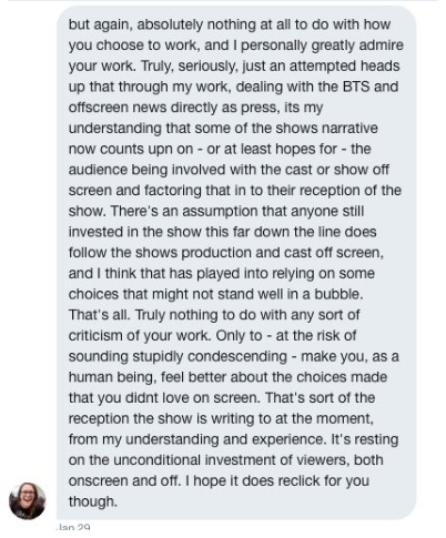 As you can see, Sheila is a rock star who didn't appreciate Natalie's manipulations. At all. Imagine trying to sell this line of bullshit about an actor to an industry professional.