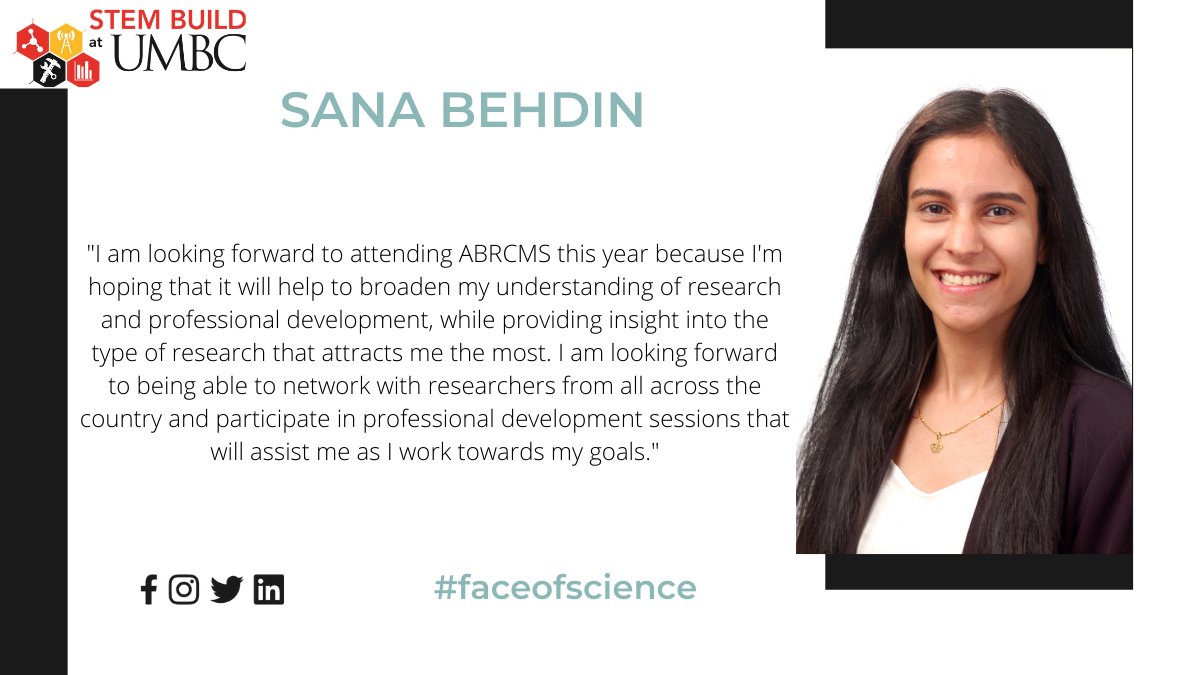 STEMBUILDUMBC's tweet photo. If you're attending #ABRCMS2020 connect with our amazing student Sana Behdin!
#FaceofScience #STEMBUILD #UMBCproud https://t.co/pLsYaY6l3A