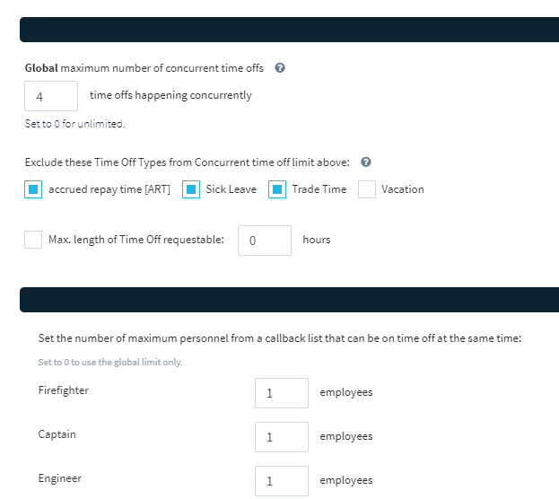 🎉Optimization 

Any time off type that is excluded from the max concurrent time off will also be excluded from the time off limit by list! You can set this feature up in Admin > Time off > Misc