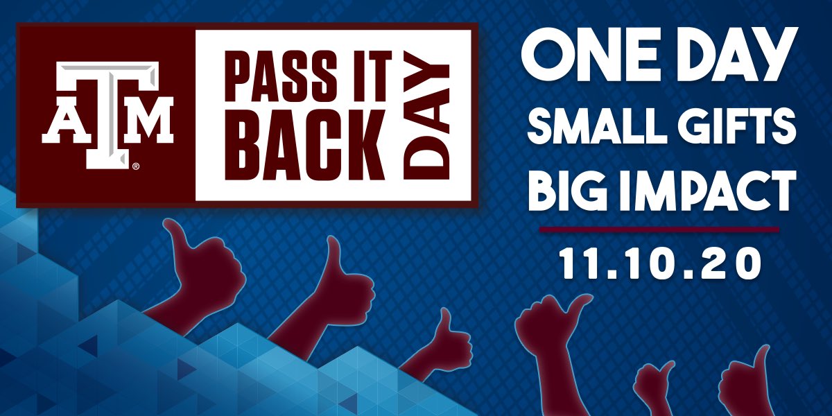 Shara McClure (@sbmcclure) on Twitter photo Today is Pass It Back Day! Join me in supporting Texas Aggies; small gifts make a big impact! Check out this year's challenges that will amplify your impact: <a href="/AggieNetwork/">The Association of Former Students</a> #PassItBackDay
tx.ag/PassItBackDay Today is Pass It Back Day! Join me in supporting Texas Aggies; small gifts make a big impact! Check out this year's challenges that will amplify your impact: <a href="/AggieNetwork/">The Association of Former Students</a> #PassItBackDay
tx.ag/PassItBackDay