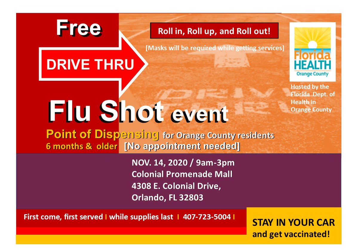 OCPSnews's tweet photo. Got your Flu Shot yet? Visit the Florida Department of Health's FREE Drive Thru #FLU Shot event: Nov. 14 at Colonial Promenade Mall, 4308 E. Colonial Dr. Orlando. 9a-3p, 1st come, 1st served. 6 months &amp; up. Masks are required. https://t.co/wp6jDrKHmg