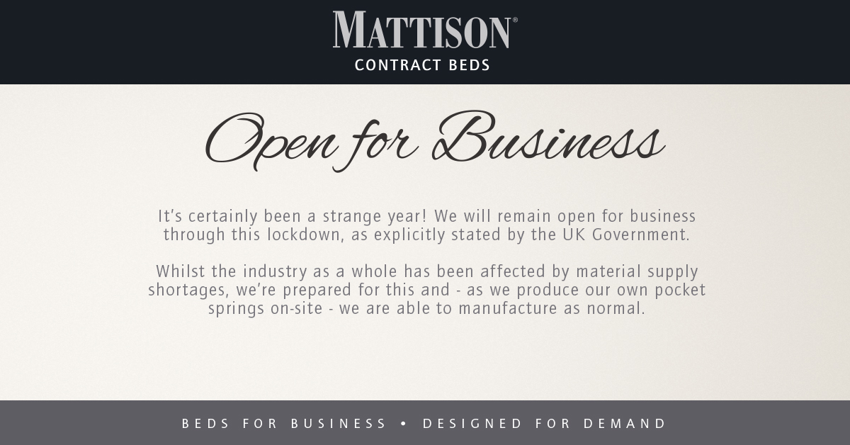 MattisonBeds's tweet photo. In light of the England lockdown, we'd like to inform our customers that we remain open for business as a UK manufacturer. 

#beds #headboards #manufacturing #sofabed #headboards #hotels #lockdown2 https://t.co/ay1Z6uW6ik