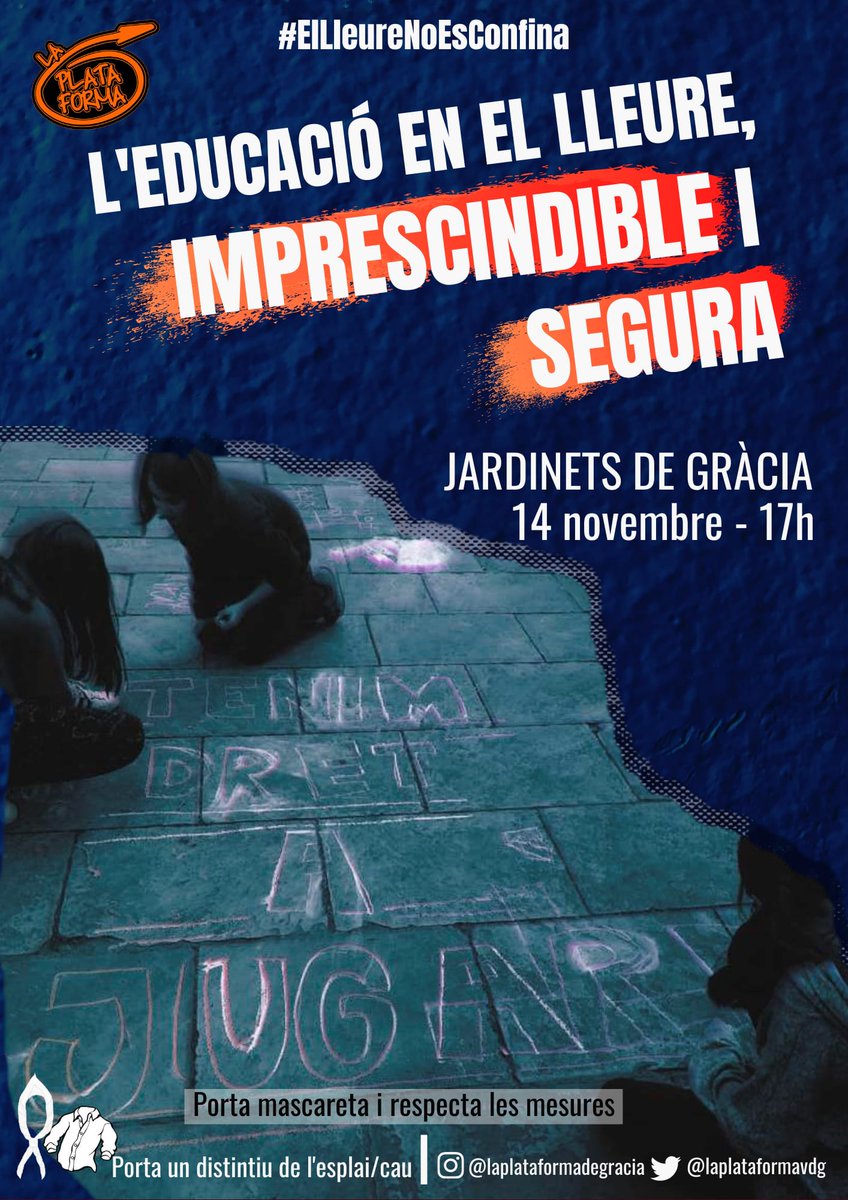 Ja ho tenim aquí, AQUEST DISSABTE #14N, l'associacionisme educatiu i juvenil passem a l'acció!

Els esplais i caus sortim al carrer per revindicar que l'educació en el lleure és imprescindible i segura.

📍Jardinets de Gràcia
🕔 17h

PORTA LA TEVA PANCARTA!

#ElLleureNoEsConfina