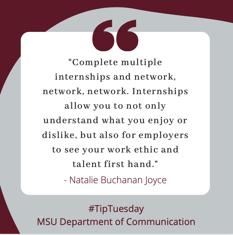 MSUComm's tweet photo. For today's #TipTuesday, Natalie Buchanan Joyce, former alumni, shares her wisdom when it comes to networking and internships! Check out her full story at the link in our bio! #MSUComm
https://t.co/HgtT2egqnw https://t.co/iV2XgJf0NF