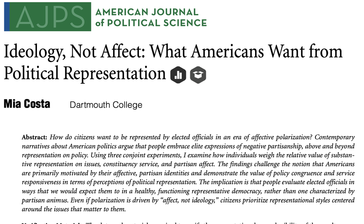 Excited to share: In a new article now online  @AJPS_Editor, I show that concerns about affective polarization, in terms of what it means for perceptions of elite behavior, may be overblown. People *do not want* politicians to denigrate the other party. 1/  https://onlinelibrary.wiley.com/doi/full/10.1111/ajps.12571