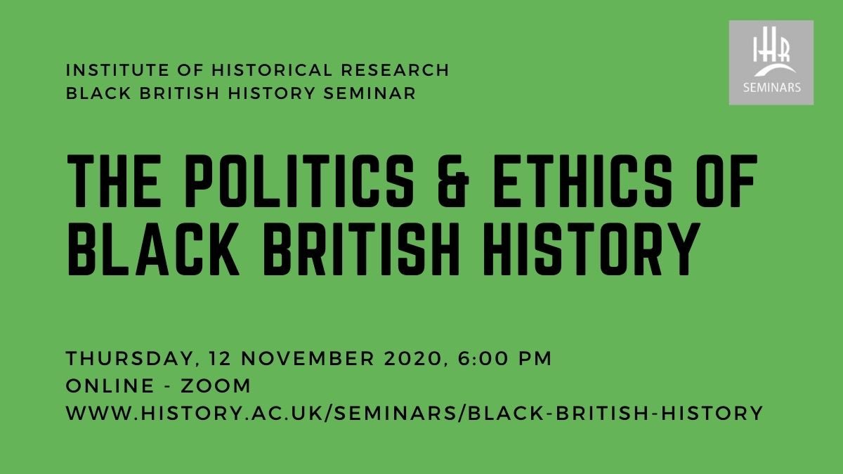 This Thursday: 

THE POLITICS AND ETHICS OF BLACK BRITISH HISTORY 

With: @MeleisaOno Nicole Jackson, Nadine Chambers @MadgeDresser 

Book now: history.ac.uk/events/politic… #tbh365 #blackbritishhistory #teachracemigrationempire