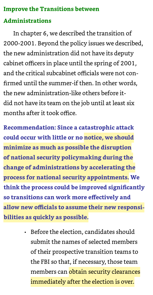 3. The 9/11 Commission Report then provided strong recommendations for transition work immediately after the general election.These are the very tools the  @USGSA is now denying Biden transition and the American public.From the Report:
