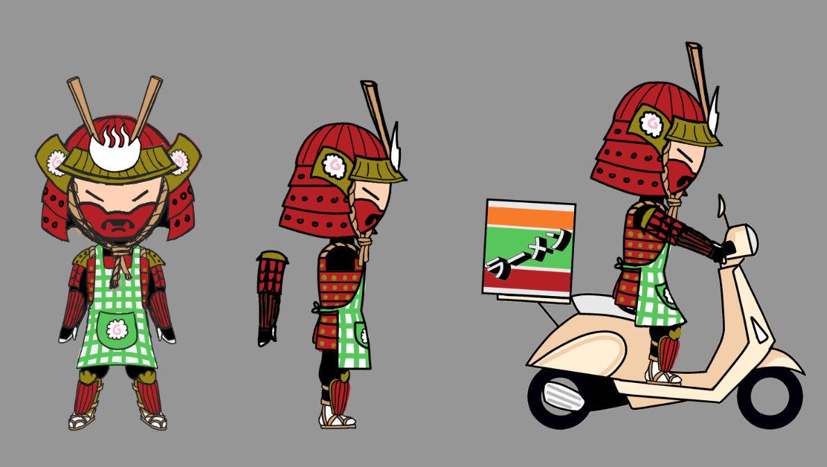 NoodleTakerGame's tweet photo. ¡¡Ya tenemos el concept del samurai!! ¿Os apetece un ramen?😋🍜 #conceptart #gamedev https://t.co/LIKTS6Vo06
