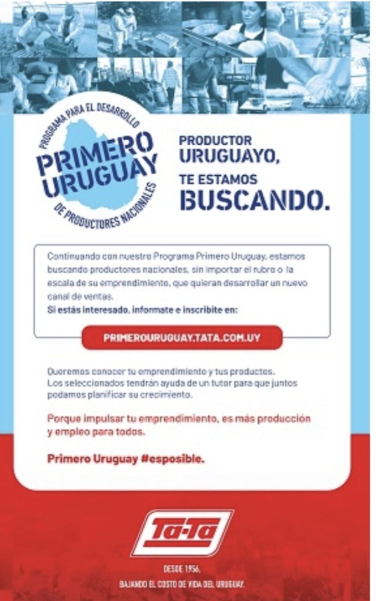 #primeroUruguay es el programa de desarrollo de productores locales de TaTa S.A. para impulsar su crecimiento comercial! Inscribite en:
primerouruguay.tata.com.uy