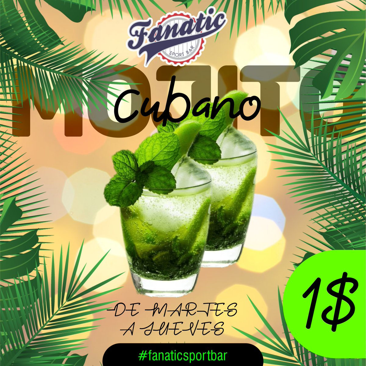 Se te antoja un Mojito Cubano?
Te terminaras tomando unos cuantos....
y mas con ese precio!
Promoción de MARTES a JUEVES 1$

 #acarigua #araure #portuguesa
#fanaticsportbar