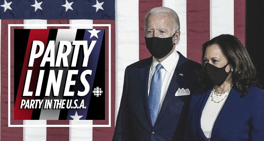 President-elect Joe Biden and Vice President-elect Kamal Harris stand side by side in front of a large American flag. The logo for Party Lines' Party in the U.S.A. is superimposed over the image. 