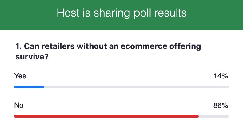 We've had another poll, this time with more extreme results. <a href="/alexdsword/">Alex Sword</a> 'it is important not to overstate the online move. It's 50% of non-food so not everyone is online. However, we can't really pretend physical retail was in a great state before lockdown.'#BabelTalksRetail