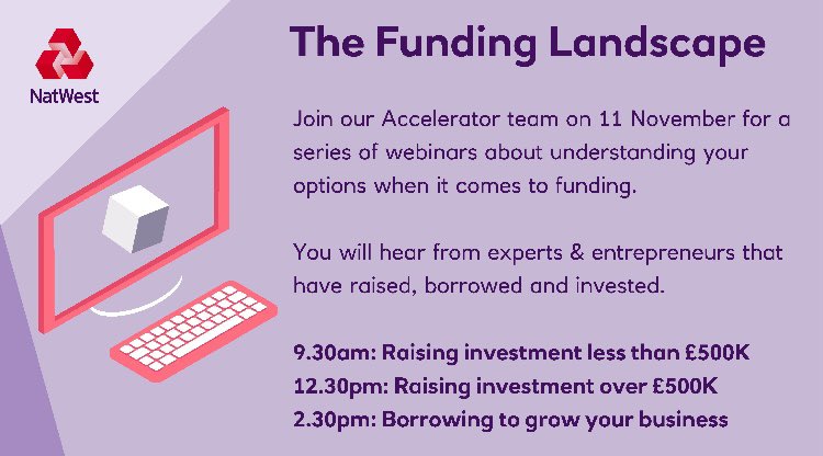 Last chance to book for this Wednesdays #funding event #PowerUp 

Raising investment <£500k
9:30-11:00
bit.ly/38rfEiQ
Raising investment >£500k
12:30-14:00
bit.ly/2Ua4aI8
Borrowing to grow your business
14:30-16:00
bit.ly/3pha2Oc
