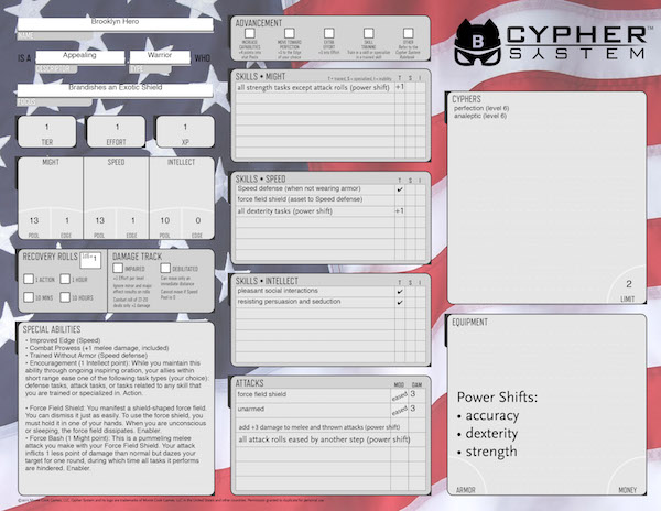 Monte played BROOKLYN HERO (modeled after Captain America, an Appealing Warrior who Brandishes an Exotic Shield. Monte decided her backstory was that she made her own super-soldier formula, which… gave her the ability to psychically create a shield-shape force field.