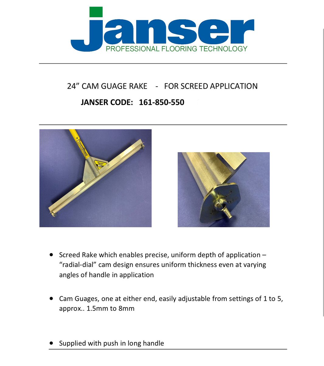 Cam Rakes back in stock at JANSER UK For precise application of smoothing compounds from 1.5mm -8mm using the unique cam design. A tool for the professional

#LevelUp #jansertools #flooringtools #camrake #quality #screed #levelfloors #smoothingcompounds #latextools #floorfitters
