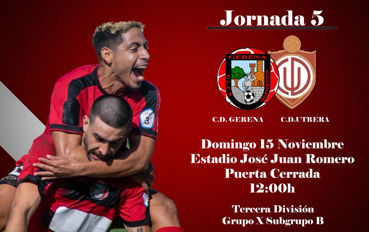 Jornada 5// <a href="/CD_Gerena/">C.D. Gerena</a> 🆚 <a href="/UTRERACD/">C.D. Utrera</a> 
🏟️ Estadio José Juan Romero 
🚫 Puerta cerrada 
⌚️12.00 horas 
📲 <a href="/CD_Gerena/">C.D. Gerena</a>
