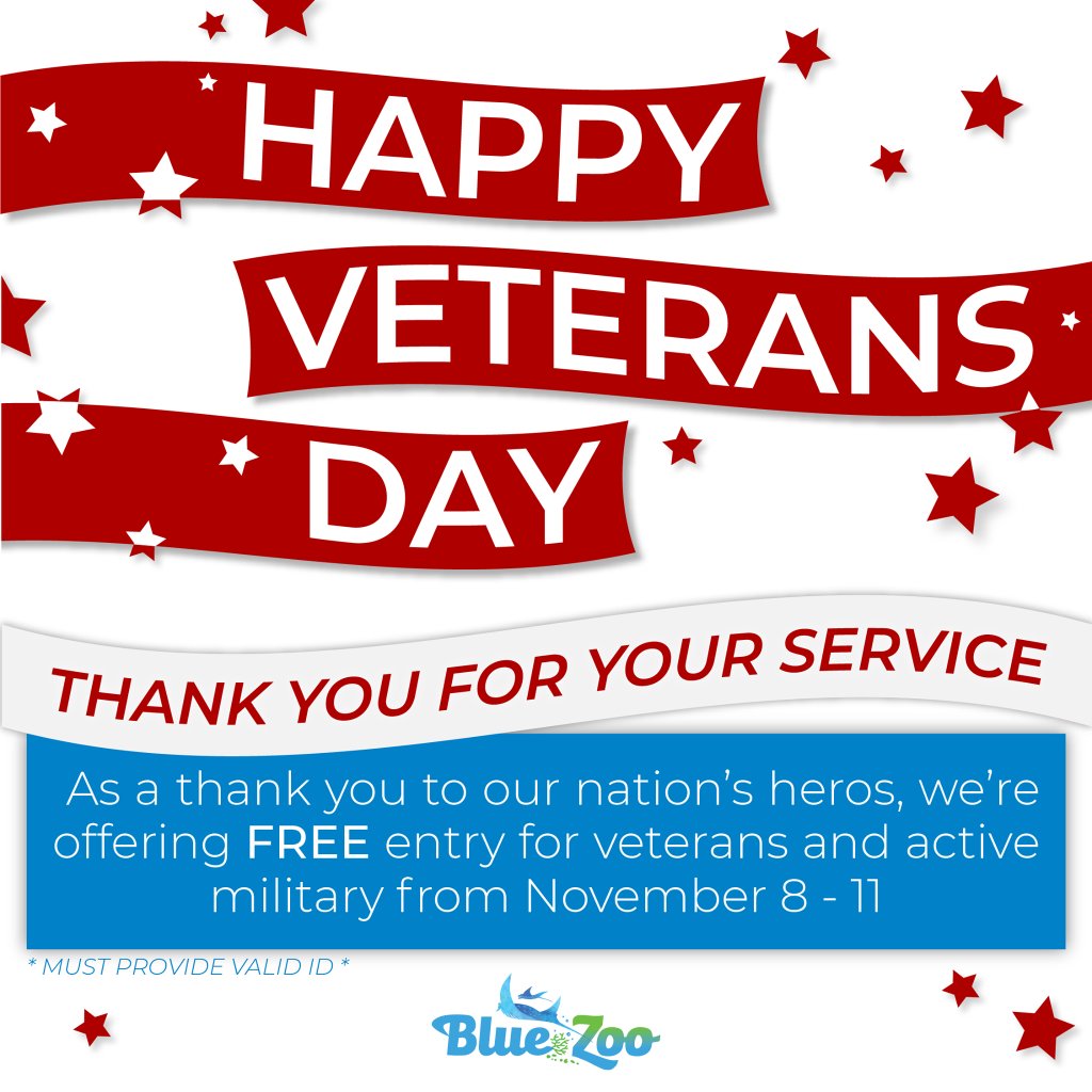 ShopQuailSpring's tweet image. Blue Zoo is offering free admission for Veterans and Active Military for four days! Just show your ID from November 8 through November 11. #VeteransDay spr.ly/6011HBlXf