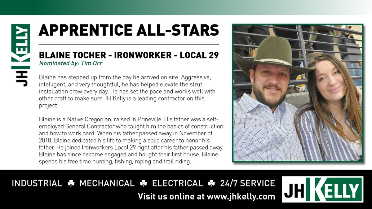 JHKelly1923's tweet photo. Join us in Celebrating our Apprentice All-Stars! BLAINE TOCHER - IRONWORKER - LOCAL 29! We’re proud to have them on #TeamGreen! #JHKelly #Since1923 #Local29 #ironworker #apprentice https://t.co/gSZzvMsVxH