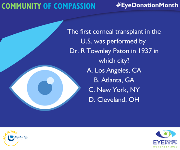 It's time for another #EyeDonationMonth edition of #TriviaTuesday! Leave your answer to the question below in the comments section, and if you answer correctly, you'll be entered for a chance to win some LEBDV swag at the end of the month! #nationaleyedonationmonth 💙👁