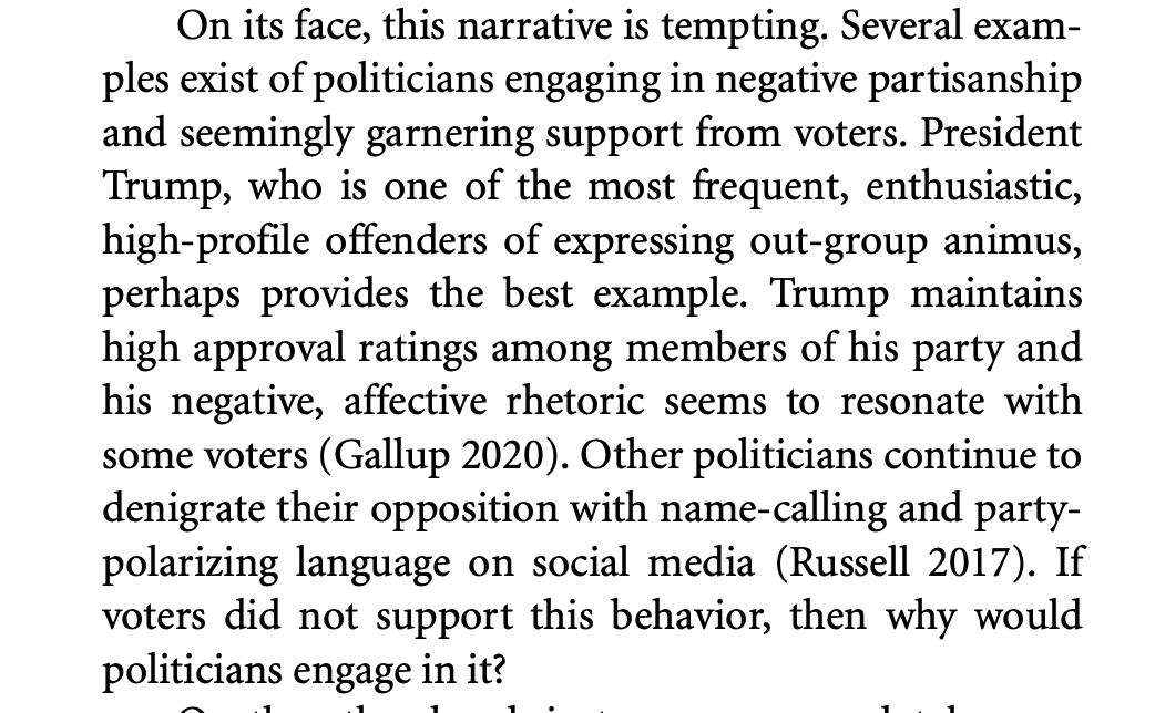 Pioneering work has shown that polarization is driven by affect, not ideology. And some have thought that increasing loathing bw partisans leads voters to desire reps who inflame partisan animus. On it's face, this narrative is tempting. But...
