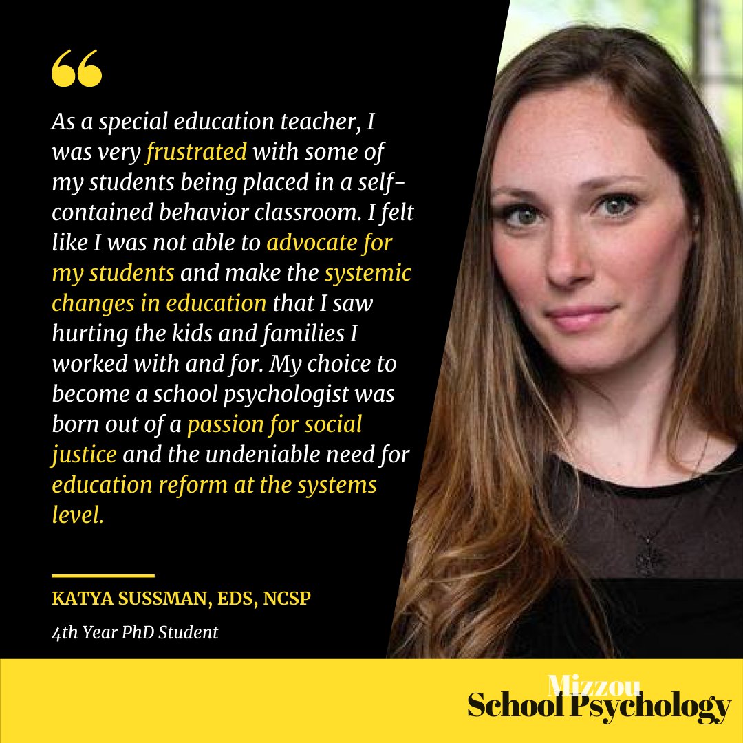 MizzouSASP's tweet image. Day 2 of #SPAW2020!We are highlighting some incredible @Mizzou students to bring awareness to the field of #SchoolPsychology.Meet #NASPAdvocate @KJSchoolPsych. She was a practicing SP for 3 years and is now getting her PhD! @MOSchoolPsych @nasponline @MizzouEducation #ChangeAgent