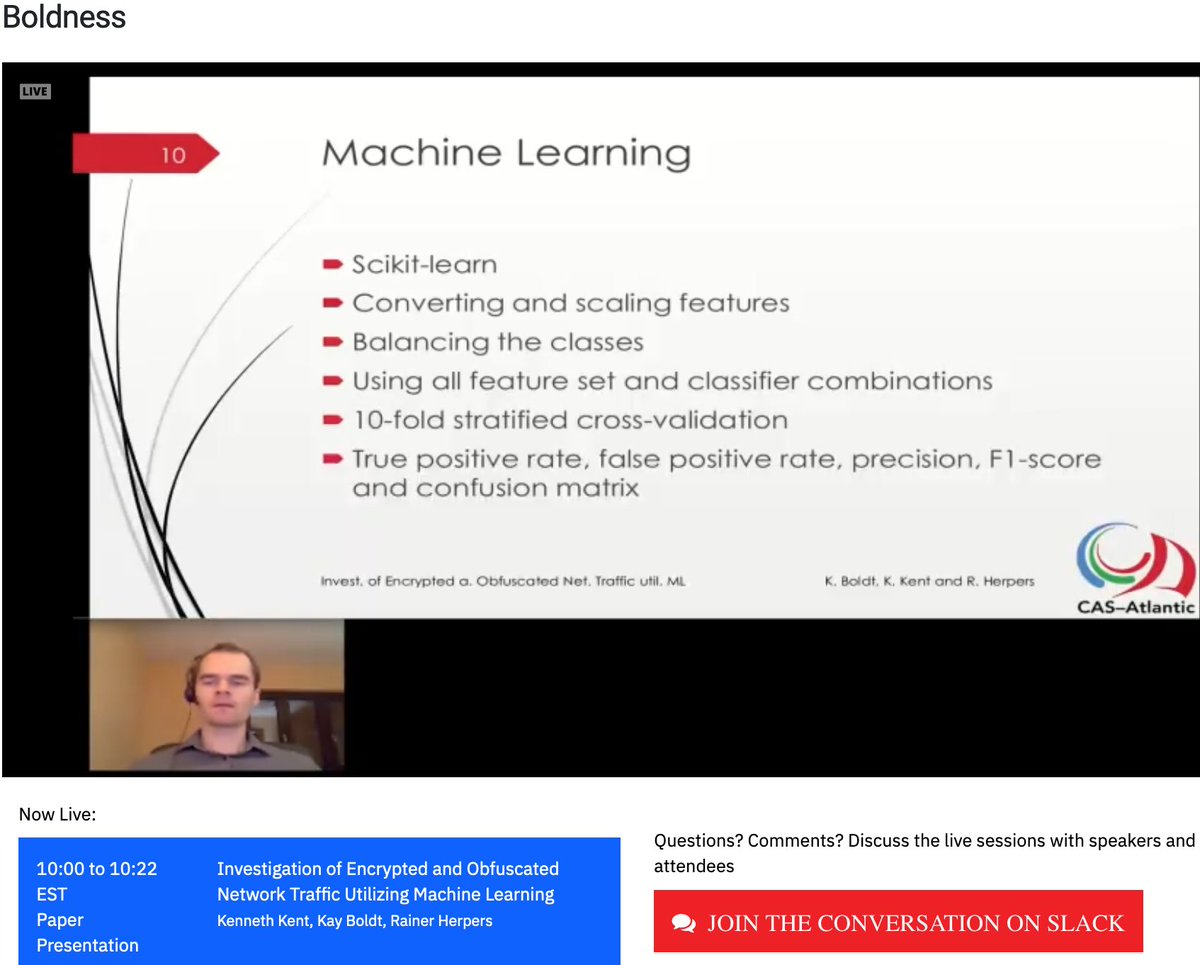 CASAtlantic's tweet photo. First of our 7 papers is now being presented at CASCONxEVOKE #CXEtechconf "Investigation of Encrypted and Obfuscated Network Traffic Utilizing Machine Learning" by @KennethBKent , Kay Boldt, &amp; Rainer Herpers
#AdvancedStudies @IBMCanada @UNBResearch https://t.co/EDzjXY915y