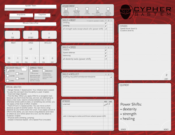 Charles played Spider-Teen (this one should be obvious), an Impulsive Explorer who Moves Like a Cat. MLAC gives him a ton of extra Speed points, so we was all set to do crazy acrobatics (I think the only time he got hit in the game was from an area attack he couldn't dodge).
